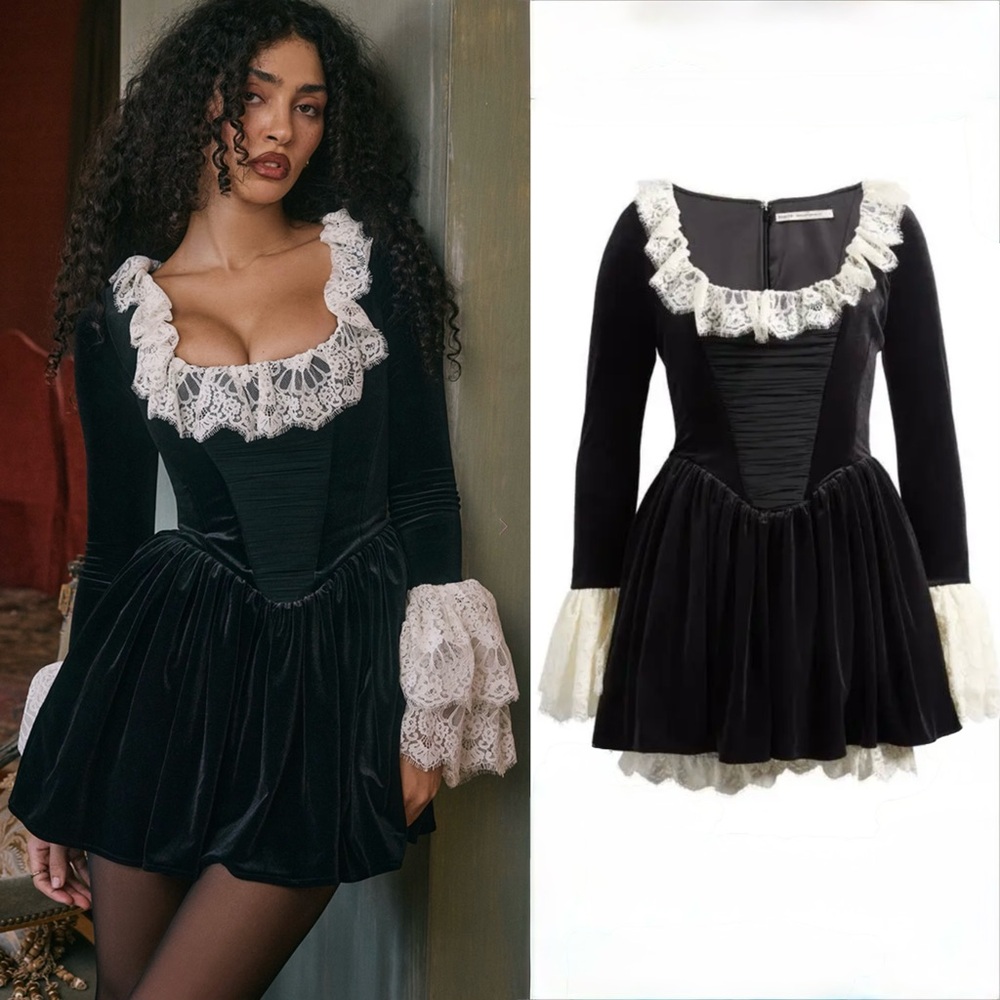House of CB Czarina Black velvet lace trimmed mini dress